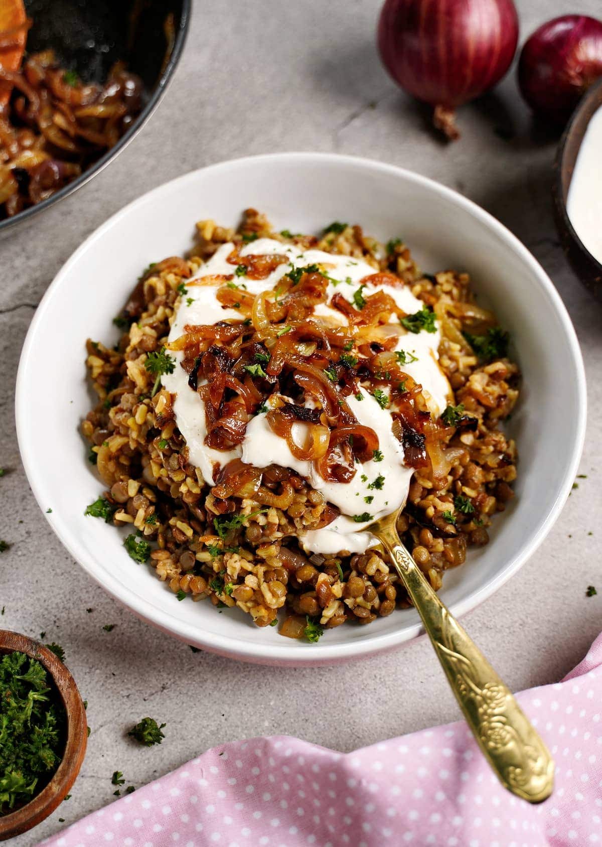 Lebanese Mujadara with Cumin Caramelized Onions