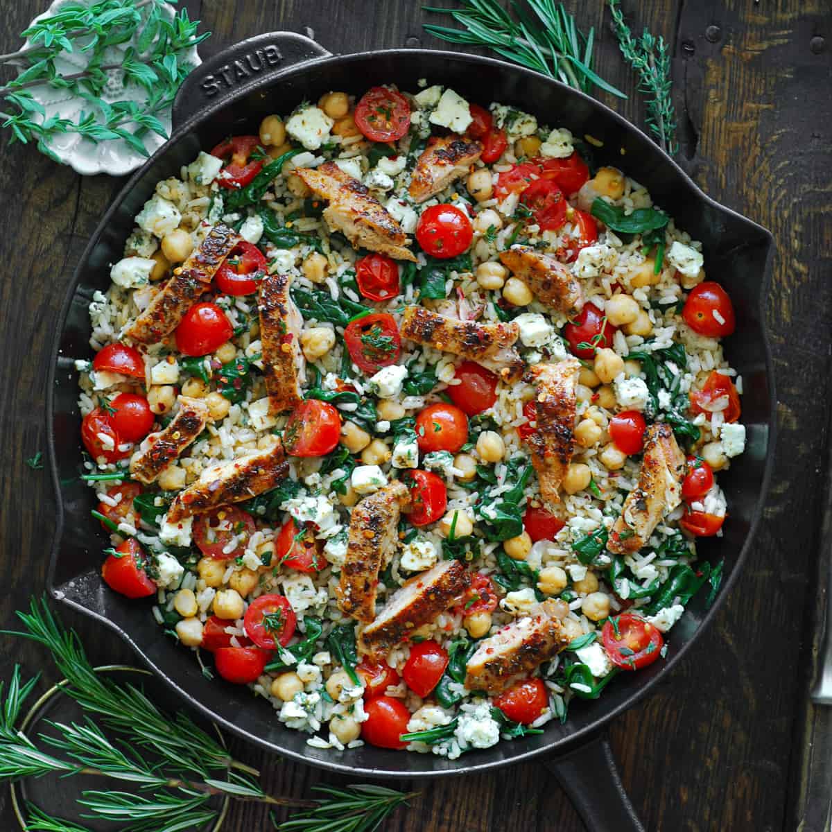 Greek Chicken and Lemon Rice with Feta, Chickpeas, and Spinach