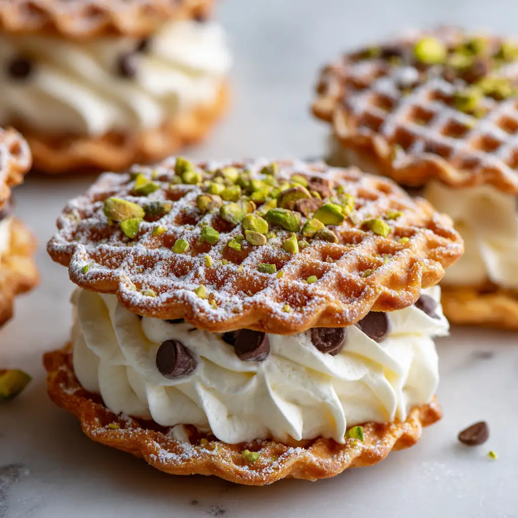 Chocolate Cannoli Pizzelle Sandwiches with Chocolate Chip Ricotta Filling