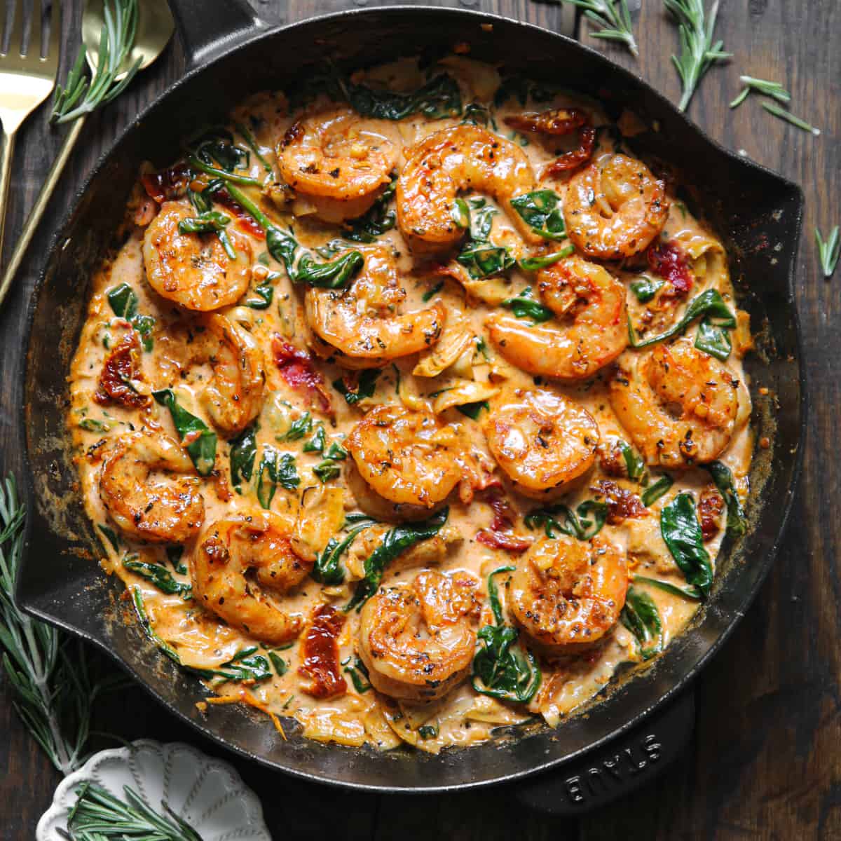 Tuscan Shrimp with Garlic Cream Sauce, Spinach, and Artichokes