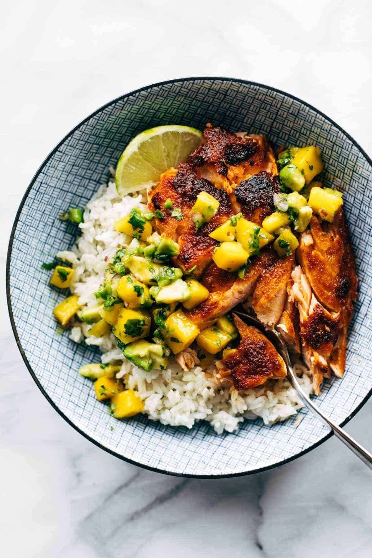 BBQ Salmon Bowls with Mango Avocado Salsa and Smoky-Sweet Spice Rub