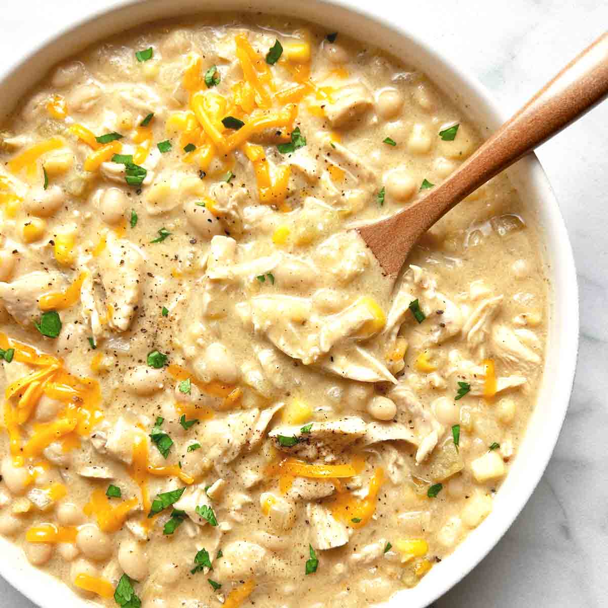 White Chicken Chili With Creamy Sour Cream Broth and Mild Green Chiles