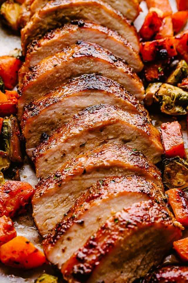 Honey Garlic Pork Loin Roast with Brussels Sprouts and Butternut Squash