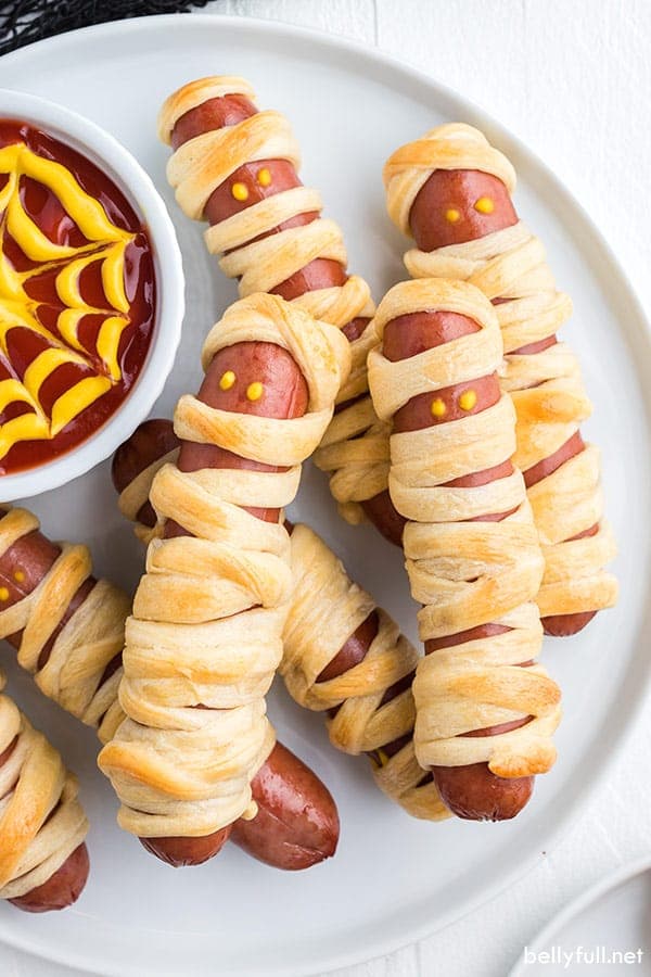 Mummy Hot Dogs with Golden Crescent Roll Bandages