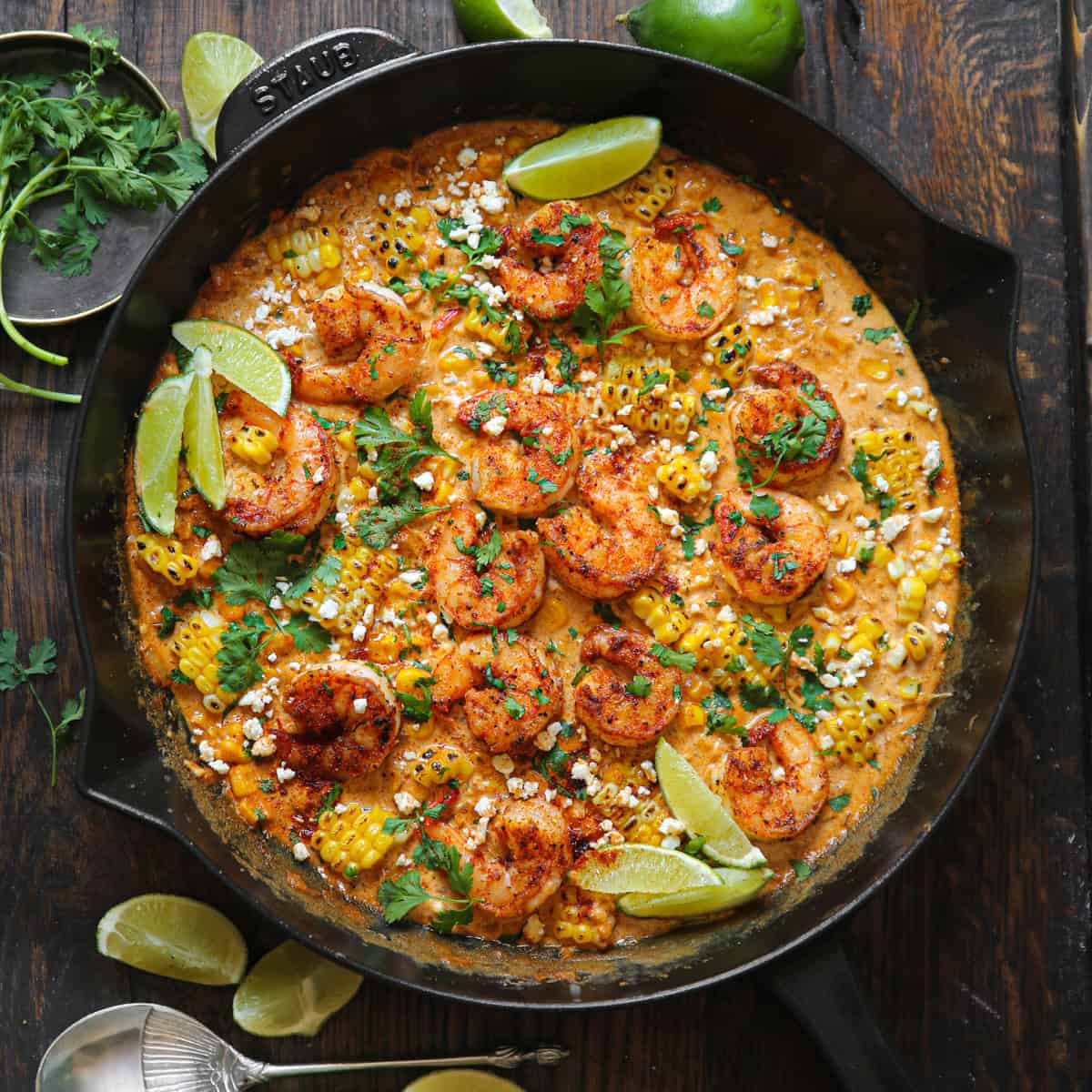 Shrimp and Creamed Corn with Spicy Feta Sauce and Fresh Lime
