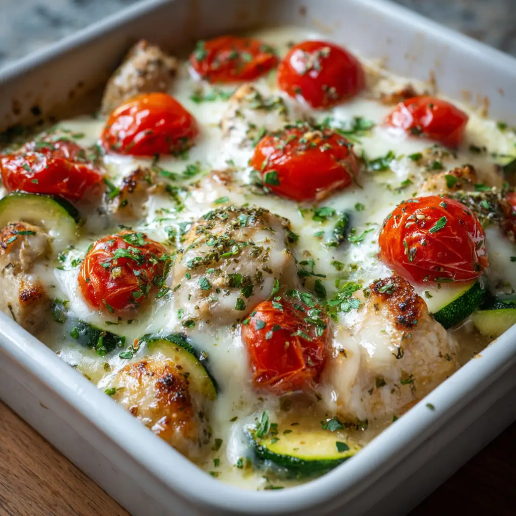 Chicken Zucchini Bake with Blistered Tomatoes and Melted Mozzarella