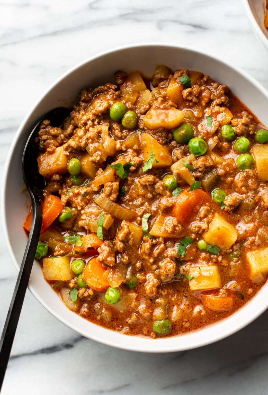 Hamburger Stew with Tender Potatoes and Tomato-Rich Broth