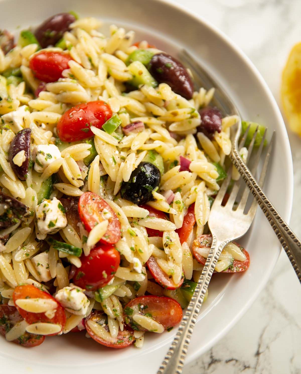 Greek Orzo Pasta Salad with Tangy Marinated Feta and Olives