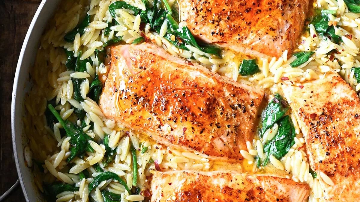 One Skillet Salmon with Lemon Orzo and Glossy Parmesan Sauce