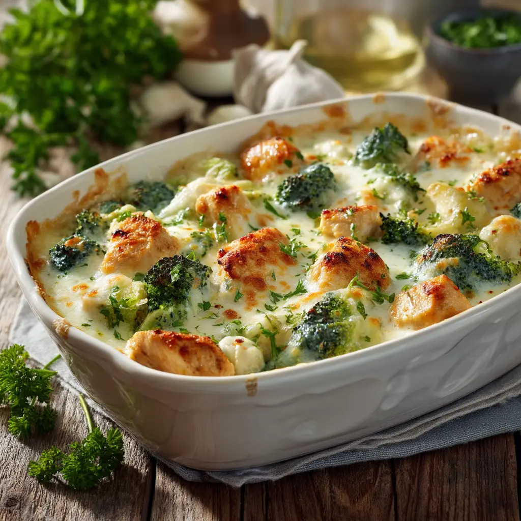 Keto Chicken Alfredo Broccoli Bake with Homemade Alfredo Sauce